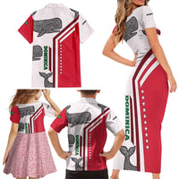 Dominica Flag Family Matching Short Sleeve Bodycon Dress and Hawaiian Shirt Tribal Turtle Pattern Red and White with Island Stars Design - Wonder Print Shop
