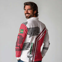 Dominica Flag Long Sleeve Polo Shirt Tribal Turtle Pattern Red and White with Island Stars Design - Wonder Print Shop