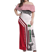 Dominica Flag Off Shoulder Maxi Dress Tribal Turtle Pattern Red and White with Island Stars Design - Wonder Print Shop