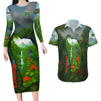 Dominica Nature Couples Matching Long Sleeve Bodycon Dress and Hawaiian Shirt Sisserou Parrot and Waterfall Island Map with National Flag Design - Wonder Print Shop