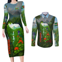 Dominica Nature Couples Matching Long Sleeve Bodycon Dress and Long Sleeve Button Shirt Sisserou Parrot and Waterfall Island Map with National Flag Design - Wonder Print Shop
