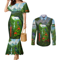 Dominica Nature Couples Matching Mermaid Dress and Long Sleeve Button Shirt Sisserou Parrot and Waterfall Island Map with National Flag Design - Wonder Print Shop