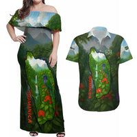 Dominica Nature Couples Matching Off Shoulder Maxi Dress and Hawaiian Shirt Sisserou Parrot and Waterfall Island Map with National Flag Design - Wonder Print Shop