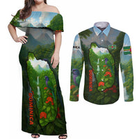 Dominica Nature Couples Matching Off Shoulder Maxi Dress and Long Sleeve Button Shirt Sisserou Parrot and Waterfall Island Map with National Flag Design - Wonder Print Shop