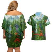 Dominica Nature Couples Matching Off Shoulder Short Dress and Hawaiian Shirt Sisserou Parrot and Waterfall Island Map with National Flag Design - Wonder Print Shop