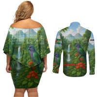 Dominica Nature Couples Matching Off Shoulder Short Dress and Long Sleeve Button Shirt Sisserou Parrot and Waterfall Island Map with National Flag Design - Wonder Print Shop