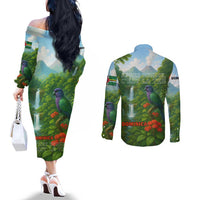 Dominica Nature Couples Matching Off The Shoulder Long Sleeve Dress and Long Sleeve Button Shirt Sisserou Parrot and Waterfall Island Map with National Flag Design - Wonder Print Shop