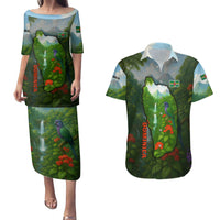 Dominica Nature Couples Matching Puletasi and Hawaiian Shirt Sisserou Parrot and Waterfall Island Map with National Flag Design - Wonder Print Shop
