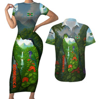 Dominica Nature Couples Matching Short Sleeve Bodycon Dress and Hawaiian Shirt Sisserou Parrot and Waterfall Island Map with National Flag Design - Wonder Print Shop