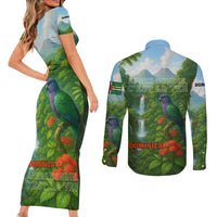 Dominica Nature Couples Matching Short Sleeve Bodycon Dress and Long Sleeve Button Shirt Sisserou Parrot and Waterfall Island Map with National Flag Design - Wonder Print Shop