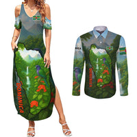 Dominica Nature Couples Matching Summer Maxi Dress and Long Sleeve Button Shirt Sisserou Parrot and Waterfall Island Map with National Flag Design - Wonder Print Shop