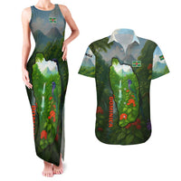 Dominica Nature Couples Matching Tank Maxi Dress and Hawaiian Shirt Sisserou Parrot and Waterfall Island Map with National Flag Design - Wonder Print Shop