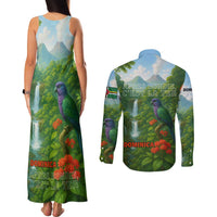 Dominica Nature Couples Matching Tank Maxi Dress and Long Sleeve Button Shirt Sisserou Parrot and Waterfall Island Map with National Flag Design - Wonder Print Shop