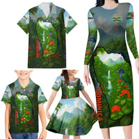 Dominica Nature Family Matching Long Sleeve Bodycon Dress and Hawaiian Shirt Sisserou Parrot and Waterfall Island Map with National Flag Design - Wonder Print Shop