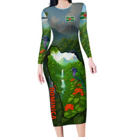 Dominica Nature Family Matching Long Sleeve Bodycon Dress and Hawaiian Shirt Sisserou Parrot and Waterfall Island Map with National Flag Design - Wonder Print Shop