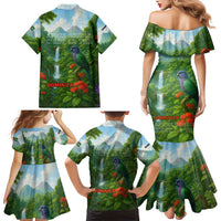 Dominica Nature Family Matching Mermaid Dress and Hawaiian Shirt Sisserou Parrot and Waterfall Island Map with National Flag Design - Wonder Print Shop