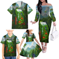Dominica Nature Family Matching Off The Shoulder Long Sleeve Dress and Hawaiian Shirt Sisserou Parrot and Waterfall Island Map with National Flag Design - Wonder Print Shop