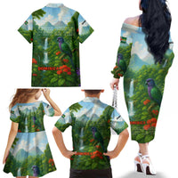 Dominica Nature Family Matching Off The Shoulder Long Sleeve Dress and Hawaiian Shirt Sisserou Parrot and Waterfall Island Map with National Flag Design - Wonder Print Shop