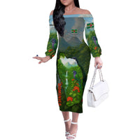 Dominica Nature Family Matching Off The Shoulder Long Sleeve Dress and Hawaiian Shirt Sisserou Parrot and Waterfall Island Map with National Flag Design - Wonder Print Shop