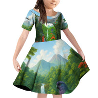 Dominica Nature Family Matching Off Shoulder Short Dress and Hawaiian Shirt Sisserou Parrot and Waterfall Island Map with National Flag Design - Wonder Print Shop