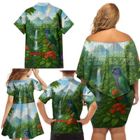 Dominica Nature Family Matching Off Shoulder Short Dress and Hawaiian Shirt Sisserou Parrot and Waterfall Island Map with National Flag Design - Wonder Print Shop