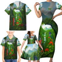 Dominica Nature Family Matching Short Sleeve Bodycon Dress and Hawaiian Shirt Sisserou Parrot and Waterfall Island Map with National Flag Design - Wonder Print Shop