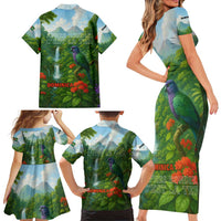 Dominica Nature Family Matching Short Sleeve Bodycon Dress and Hawaiian Shirt Sisserou Parrot and Waterfall Island Map with National Flag Design - Wonder Print Shop