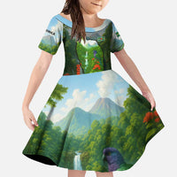Dominica Nature Family Matching Summer Maxi Dress and Hawaiian Shirt Sisserou Parrot and Waterfall Island Map with National Flag Design - Wonder Print Shop