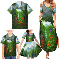 Dominica Nature Family Matching Summer Maxi Dress and Hawaiian Shirt Sisserou Parrot and Waterfall Island Map with National Flag Design - Wonder Print Shop