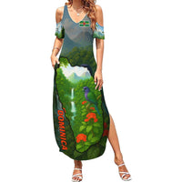 Dominica Nature Family Matching Summer Maxi Dress and Hawaiian Shirt Sisserou Parrot and Waterfall Island Map with National Flag Design - Wonder Print Shop