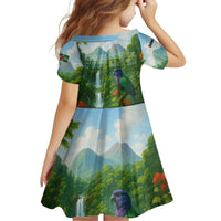 Dominica Nature Kid Short Sleeve Dress Sisserou Parrot and Waterfall Island Map with National Flag Design - Wonder Print Shop