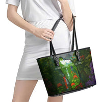 Dominica Nature Leather Tote Bag Sisserou Parrot and Waterfall Island Map with National Flag Design - Wonder Print Shop