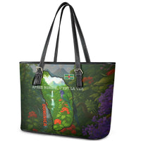 Dominica Nature Leather Tote Bag Sisserou Parrot and Waterfall Island Map with National Flag Design - Wonder Print Shop