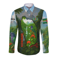 Dominica Nature Long Sleeve Button Shirt Sisserou Parrot and Waterfall Island Map with National Flag Design - Wonder Print Shop