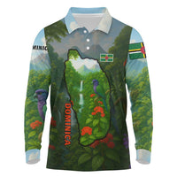 Dominica Nature Long Sleeve Polo Shirt Sisserou Parrot and Waterfall Island Map with National Flag Design - Wonder Print Shop