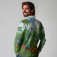 Dominica Nature Long Sleeve Polo Shirt Sisserou Parrot and Waterfall Island Map with National Flag Design - Wonder Print Shop