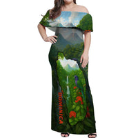 Dominica Nature Off Shoulder Maxi Dress Sisserou Parrot and Waterfall Island Map with National Flag Design - Wonder Print Shop