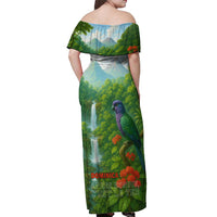 Dominica Nature Off Shoulder Maxi Dress Sisserou Parrot and Waterfall Island Map with National Flag Design - Wonder Print Shop