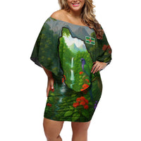 Dominica Nature Off Shoulder Short Dress Sisserou Parrot and Waterfall Island Map with National Flag Design - Wonder Print Shop