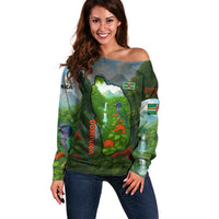 Dominica Nature Off Shoulder Sweater Sisserou Parrot and Waterfall Island Map with National Flag Design - Wonder Print Shop