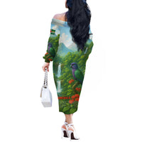 Dominica Nature Off The Shoulder Long Sleeve Dress Sisserou Parrot and Waterfall Island Map with National Flag Design - Wonder Print Shop