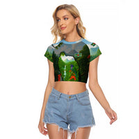 Dominica Nature Raglan Cropped T Shirt Sisserou Parrot and Waterfall Island Map with National Flag Design - Wonder Print Shop