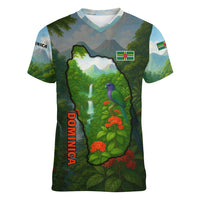 Dominica Nature Women V-Neck T-Shirt Sisserou Parrot and Waterfall Island Map with National Flag Design - Wonder Print Shop