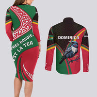 Dominica Couples Matching Long Sleeve Bodycon Dress and Long Sleeve Button Shirt with Sisserou Parrot and Tribal Pattern Design - Wonder Print Shop