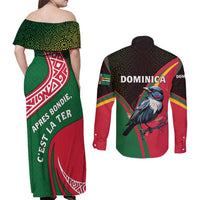 Dominica Couples Matching Off Shoulder Maxi Dress and Long Sleeve Button Shirt with Sisserou Parrot and Tribal Pattern Design - Wonder Print Shop