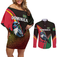 Dominica Couples Matching Off Shoulder Short Dress and Long Sleeve Button Shirt with Sisserou Parrot and Tribal Pattern Design - Wonder Print Shop