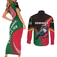 Dominica Couples Matching Short Sleeve Bodycon Dress and Long Sleeve Button Shirt with Sisserou Parrot and Tribal Pattern Design - Wonder Print Shop