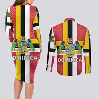 Dominica Flag Couples Matching Long Sleeve Bodycon Dress and Long Sleeve Button Shirt Red Yellow and Black with Coat of Arms and National Motto Design - Wonder Print Shop
