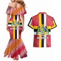 Dominica Flag Couples Matching Mermaid Dress and Hawaiian Shirt Red Yellow and Black with Coat of Arms and National Motto Design - Wonder Print Shop