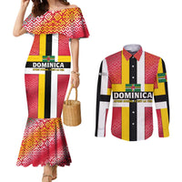 Dominica Flag Couples Matching Mermaid Dress and Long Sleeve Button Shirt Red Yellow and Black with Coat of Arms and National Motto Design - Wonder Print Shop